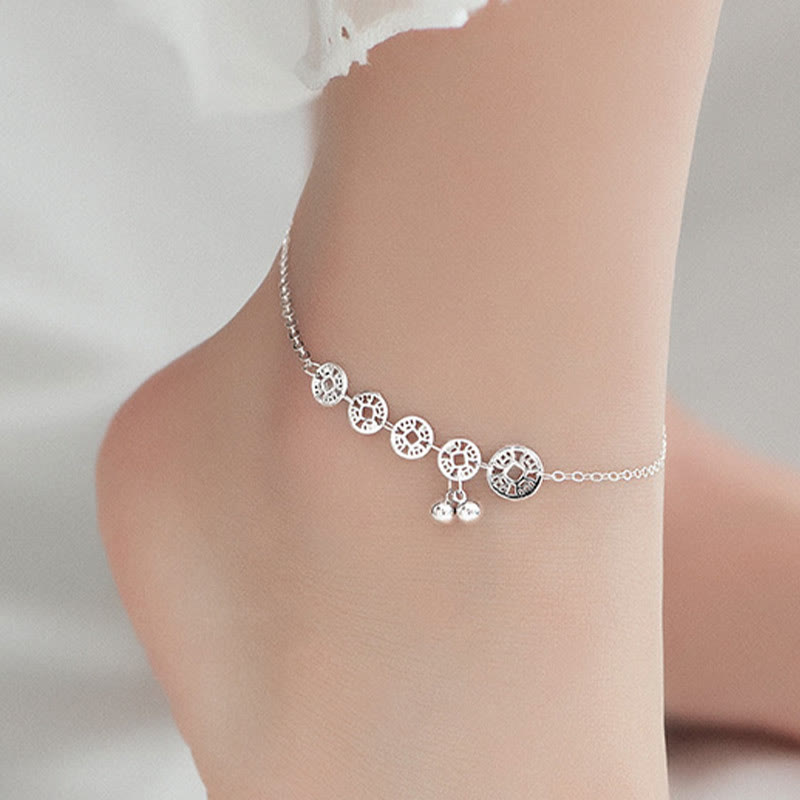 Tobillera de metal con piedras de Buda, monedas de cobre, campanas y protección en plata de ley 925