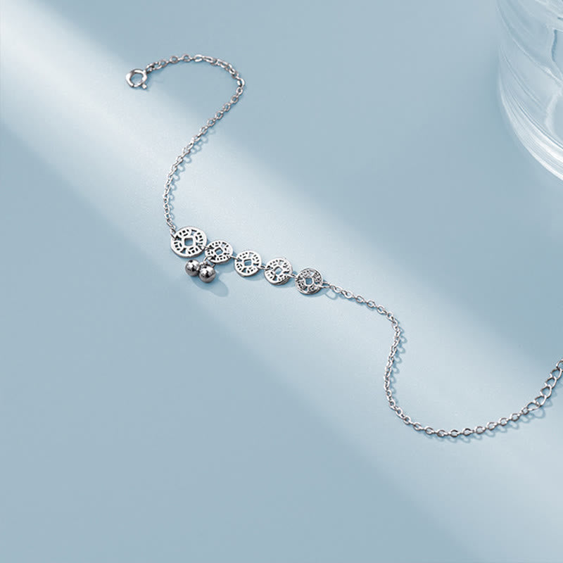 Tobillera de metal con piedras de Buda, monedas de cobre, campanas y protección en plata de ley 925