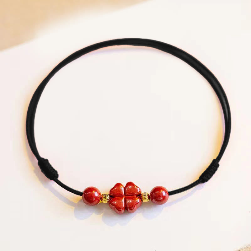 Tobillera de cuerda con bendición de trébol de cuatro hojas y cinabrio con piedras de Buda
