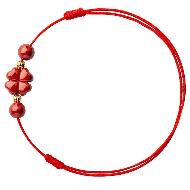 Tobillera de cuerda con bendición de trébol de cuatro hojas y cinabrio con piedras de Buda