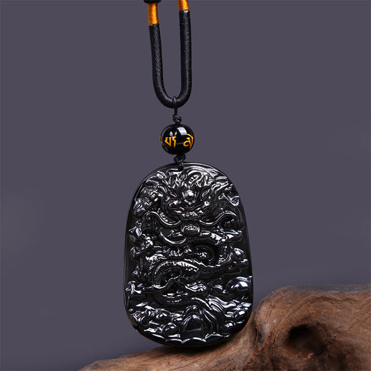 Buddha Stones Schwarzer Obsidian Drache Geschnitzt Glück Schutz Halskette Anhänger