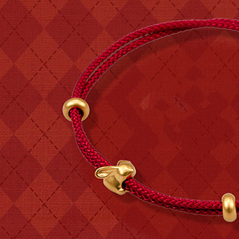 Buddha Stones 999 Gold Small Lucky Rabbit Osmanthus Design Handmade Luck Braided Rope Bracelet