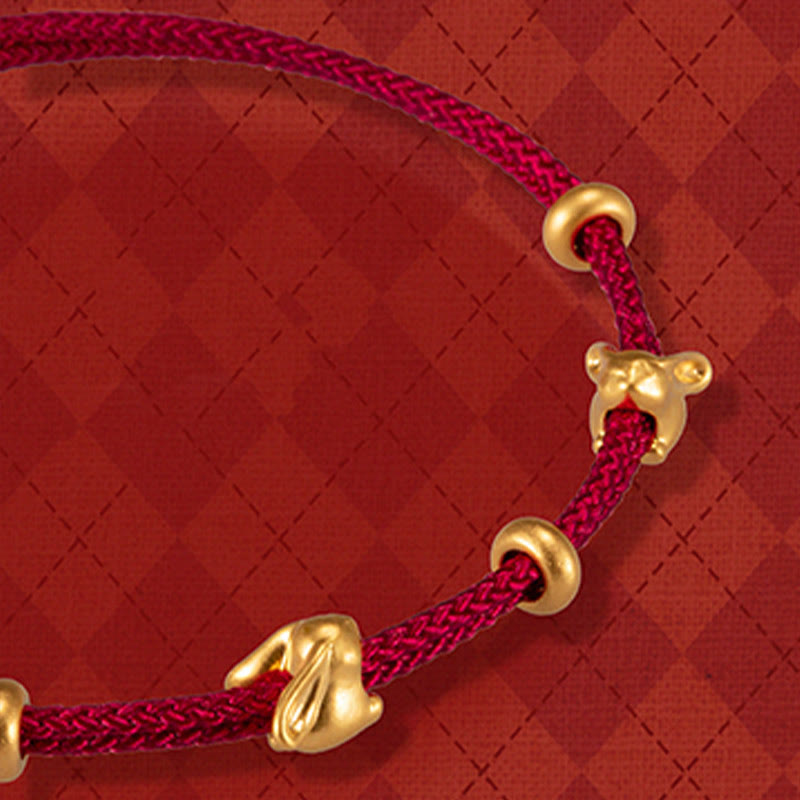 Buddha Stones 999 Gold Small Lucky Rabbit Osmanthus Design Handmade Luck Braided Rope Bracelet