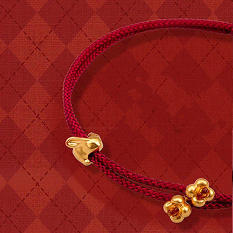Buddha Stones 999 Gold Small Lucky Rabbit Osmanthus Design Handmade Luck Braided Rope Bracelet