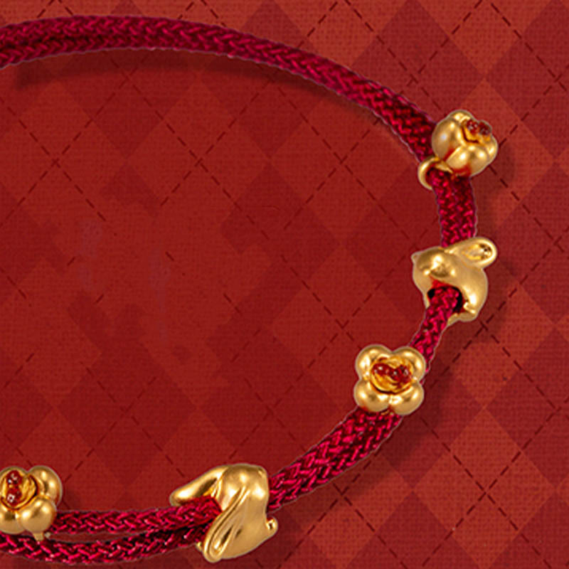 Buddha Stones 999 Gold Small Lucky Rabbit Osmanthus Design Handmade Luck Braided Rope Bracelet
