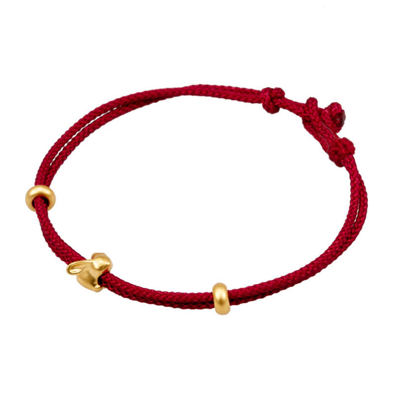 Buddha Stones 999 Gold Small Lucky Rabbit Osmanthus Design Handmade Luck Braided Rope Bracelet