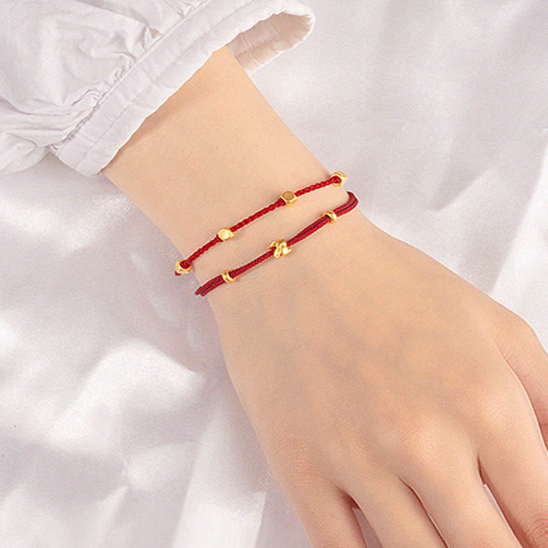 Buddha Stones 999 Gold Small Lucky Rabbit Osmanthus Design Handmade Luck Braided Rope Bracelet