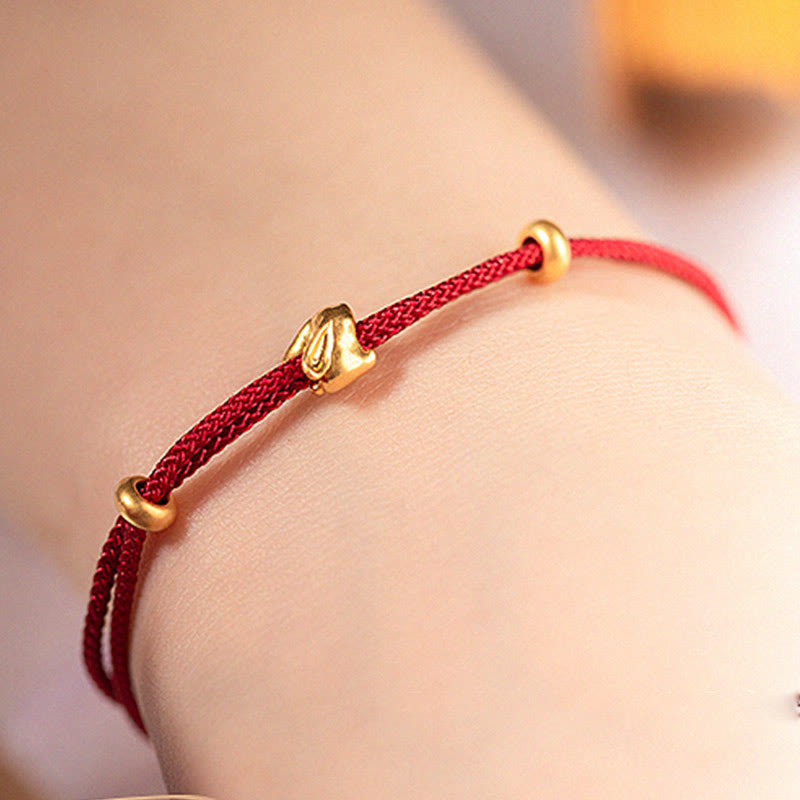 Buddha Stones 999 Gold Small Lucky Rabbit Osmanthus Design Handmade Luck Braided Rope Bracelet