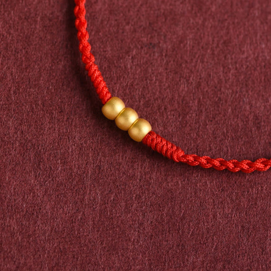 Buddha Stones 999 Gold Mini Three Beads Design Handmade Luck Rope Bracelet Anklet