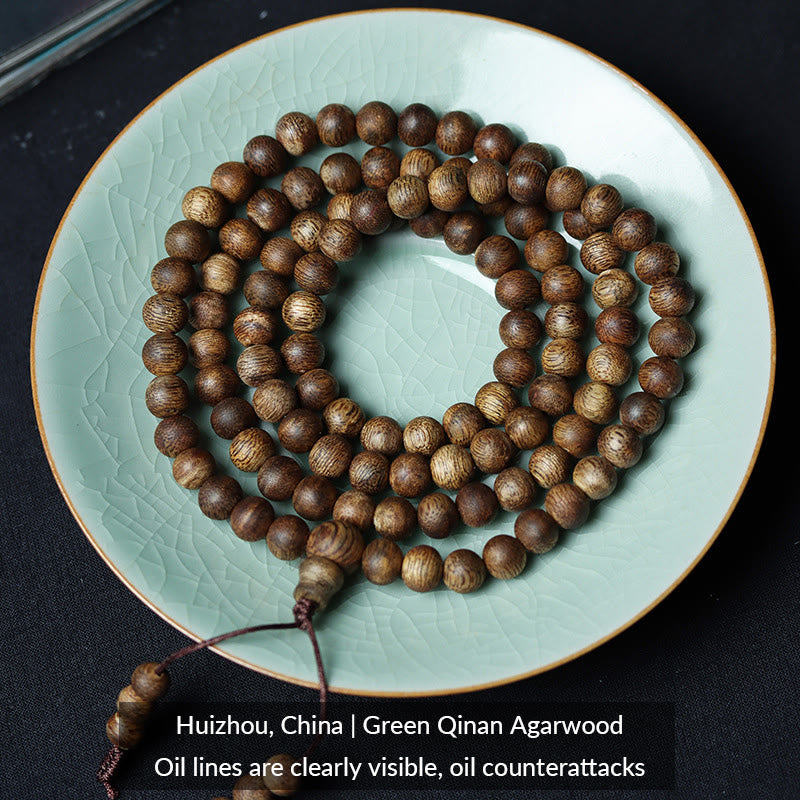 Piedras de Buda 108 cuentas Mala Huizhou verde Qinan Agarwood paz fuerza pulsera
