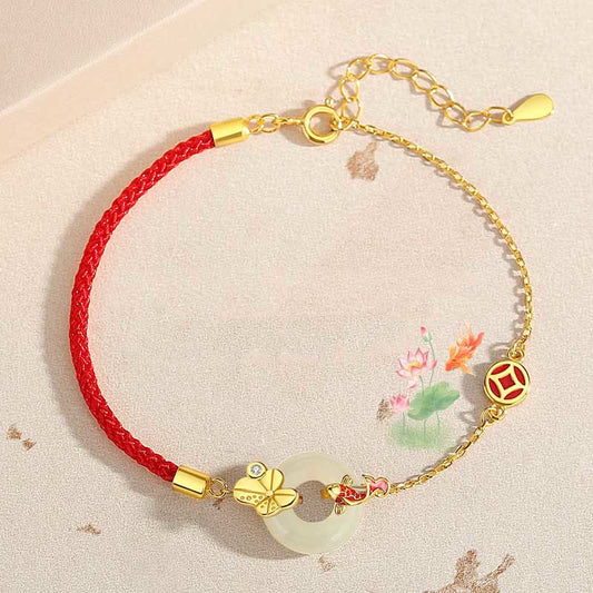 Buddha Stones Handmade 925 Sterling Silver Hetian Jade Chinese Goldfish Peace Buckle Red Rope Bracelet