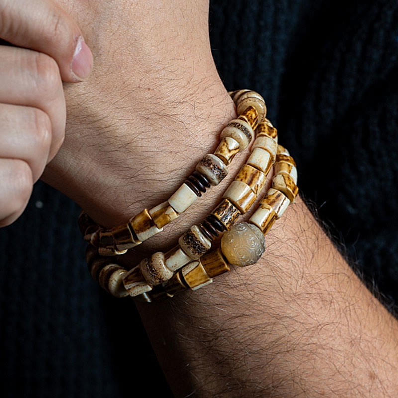 Pulsera de equilibrio de la suerte con hueso de ciervo tibetano y hueso de yak de Buda