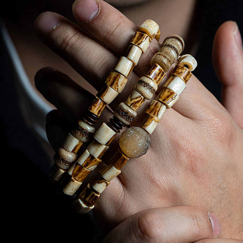 Pulsera de equilibrio de la suerte con hueso de ciervo tibetano y hueso de yak de Buda
