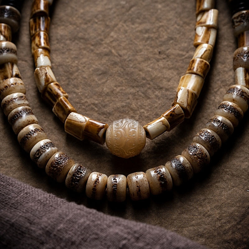 Pulsera de equilibrio de la suerte con hueso de ciervo tibetano y hueso de yak de Buda