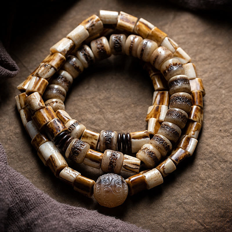 Pulsera de equilibrio de la suerte con hueso de ciervo tibetano y hueso de yak de Buda