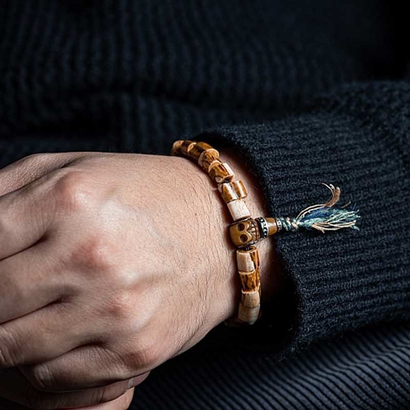 Pulsera de la sabiduría tallada con calavera de hueso de yak y hueso de ciervo tibetano de Buda