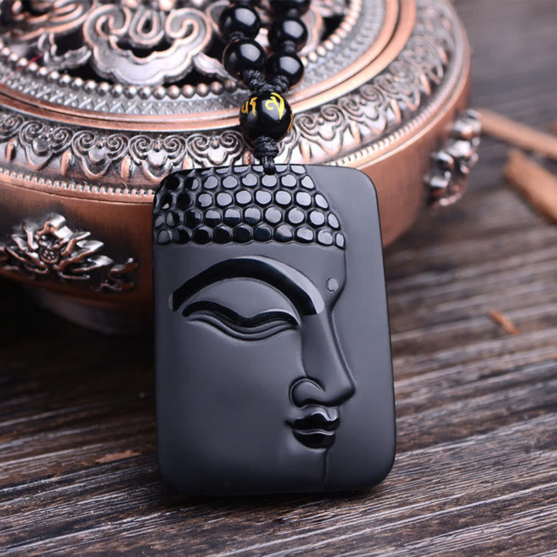 Collar con colgante de obsidiana negra natural con piedras de Buda, oración, purificación y suerte.