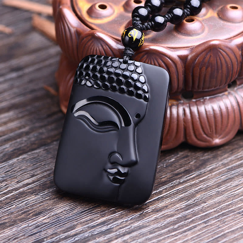 Collar con colgante de obsidiana negra natural con piedras de Buda, oración, purificación y suerte.