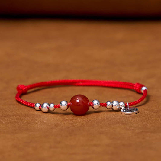 Buddha Stones Handmade 925 Sterling Silver Fu Character Red Agate Fortune Braided Ultra-Thin Rope Bracelet - Touch Bling