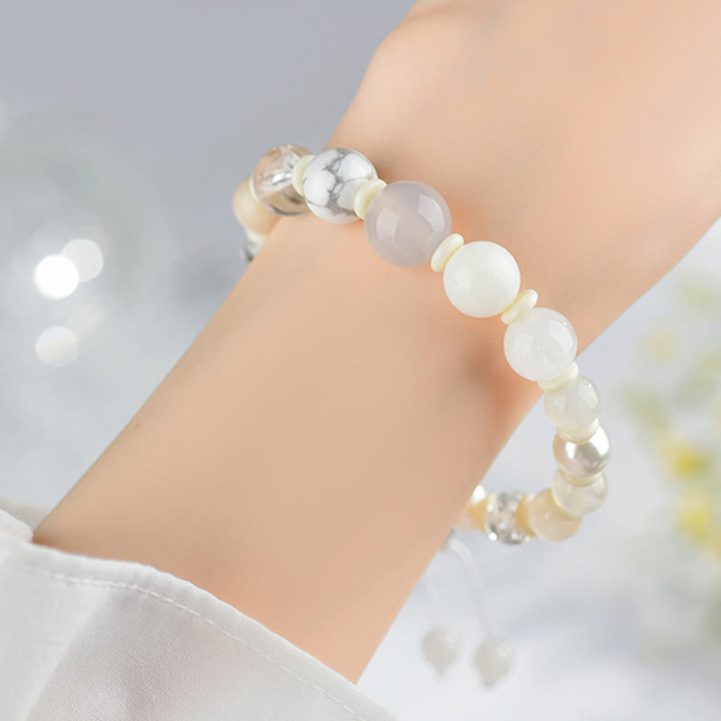 Pulsera de ágata blanca y perla de Buda con 18 cuentas para la suerte