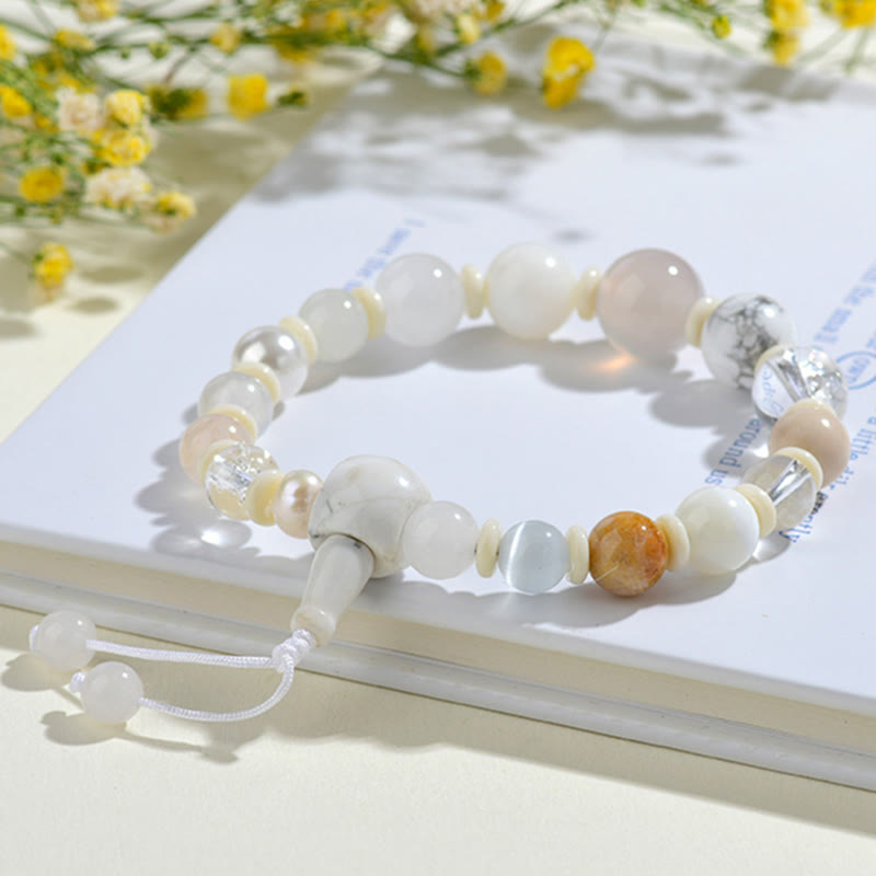 Pulsera de ágata blanca y perla de Buda con 18 cuentas para la suerte