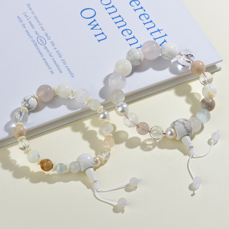 Pulsera de ágata blanca y perla de Buda con 18 cuentas para la suerte