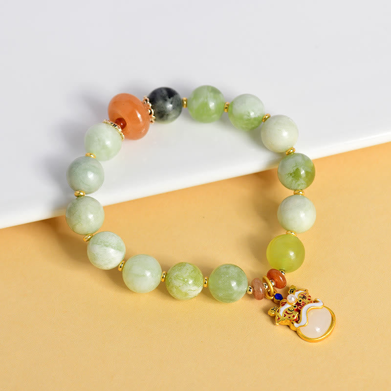 Pulsera de jade natural con amuleto de león danzante y piedras de Buda para la prosperidad y la suerte