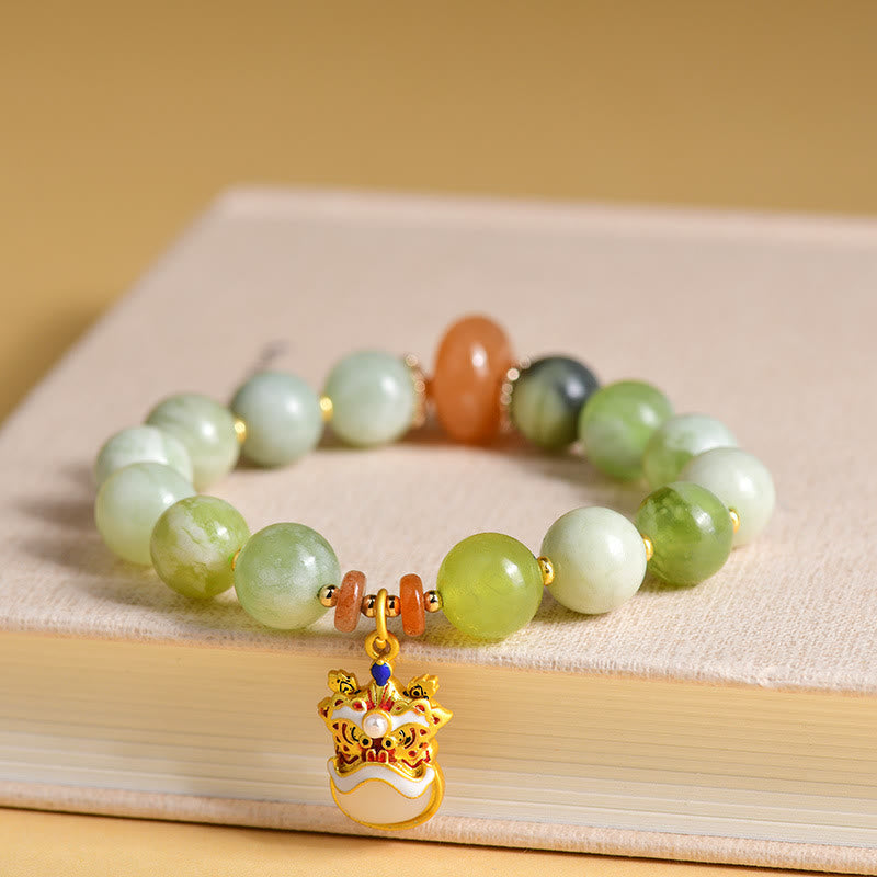 Pulsera de jade natural con amuleto de león danzante y piedras de Buda para la prosperidad y la suerte