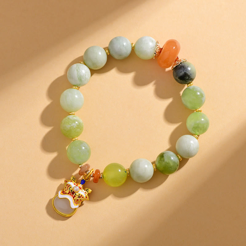 Pulsera de jade natural con amuleto de león danzante y piedras de Buda para la prosperidad y la suerte