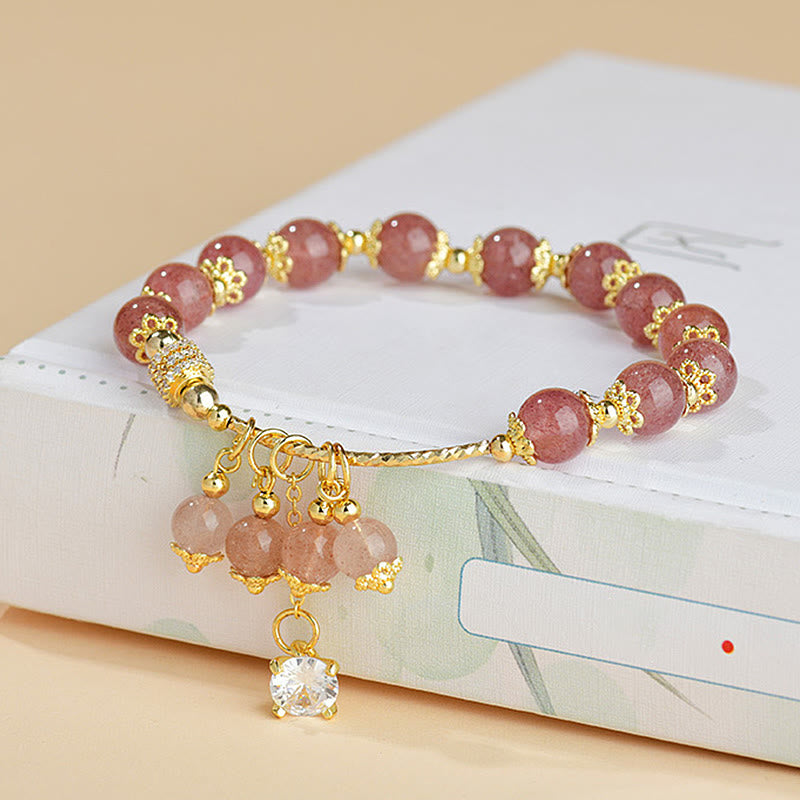 Pulsera de piedras de Buda con cuarzo fresa natural, cristal de circón y curación positiva