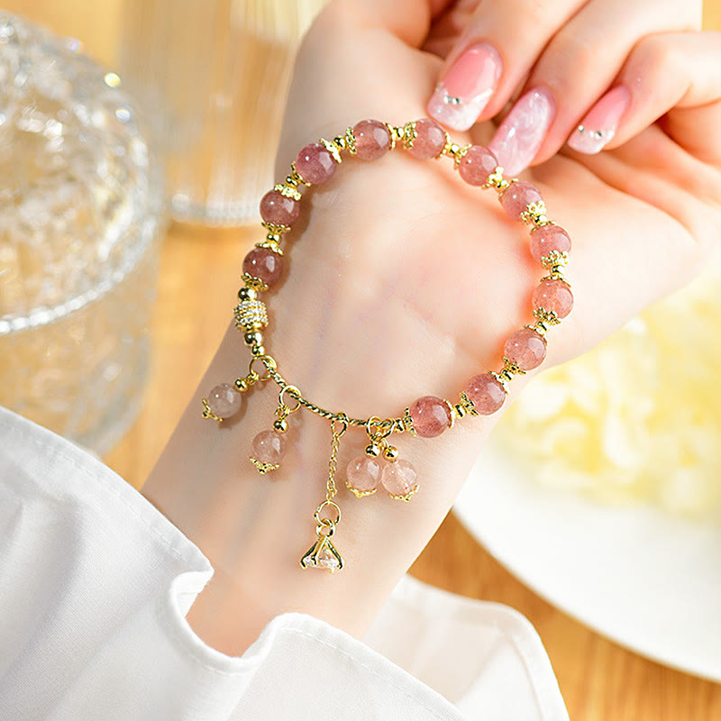 Pulsera de piedras de Buda con cuarzo fresa natural, cristal de circón y curación positiva