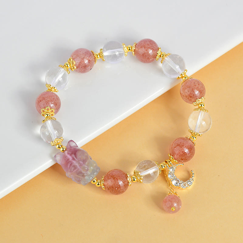 Pulsera con colgante de luna y zorro de nueve colas de Buda, cuarzo fresa blanco natural, curación con cristales
