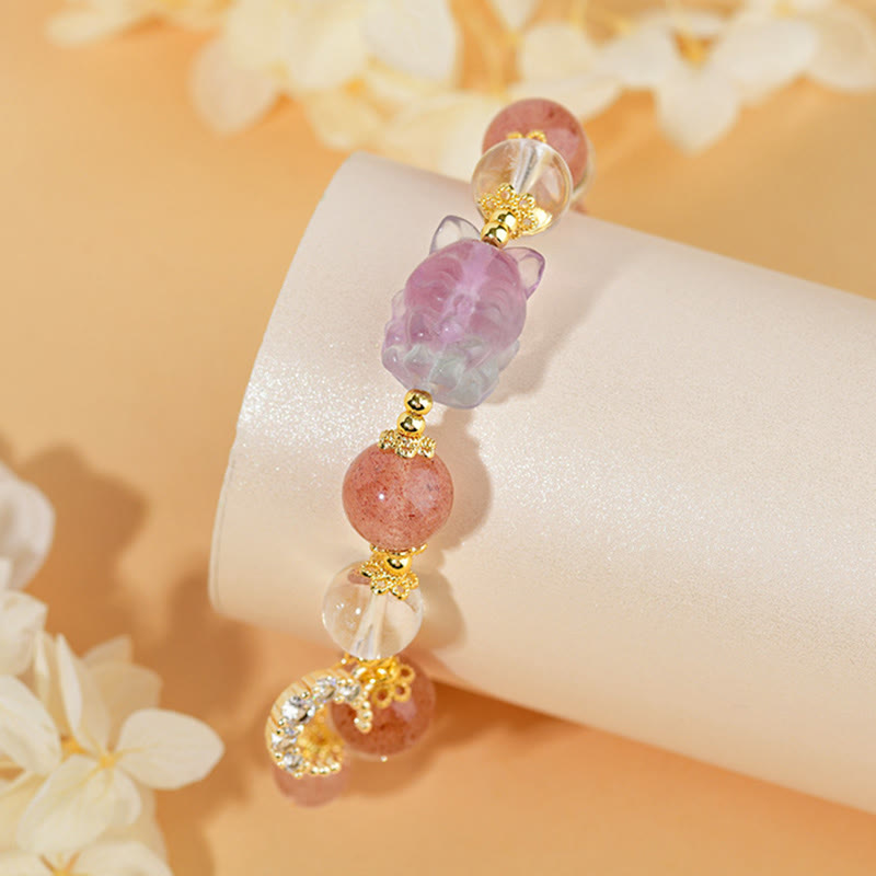 Pulsera con colgante de luna y zorro de nueve colas de Buda, cuarzo fresa blanco natural, curación con cristales