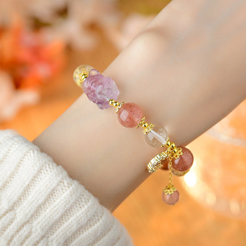 Pulsera con colgante de luna y zorro de nueve colas de Buda, cuarzo fresa blanco natural, curación con cristales