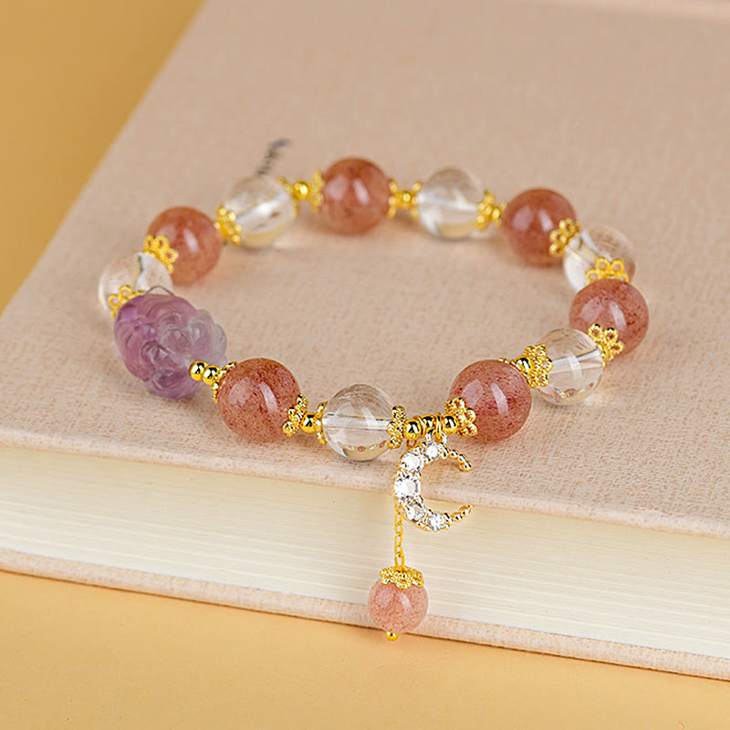 Pulsera con colgante de luna y zorro de nueve colas de Buda, cuarzo fresa blanco natural, curación con cristales
