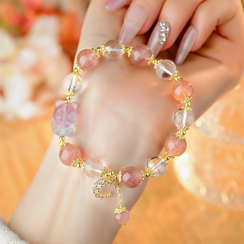 Pulsera con colgante de luna y zorro de nueve colas de Buda, cuarzo fresa blanco natural, curación con cristales
