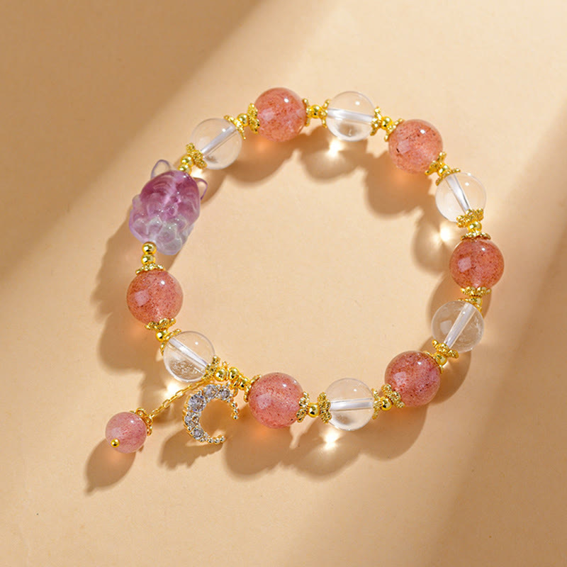 Pulsera con colgante de luna y zorro de nueve colas de Buda, cuarzo fresa blanco natural, curación con cristales