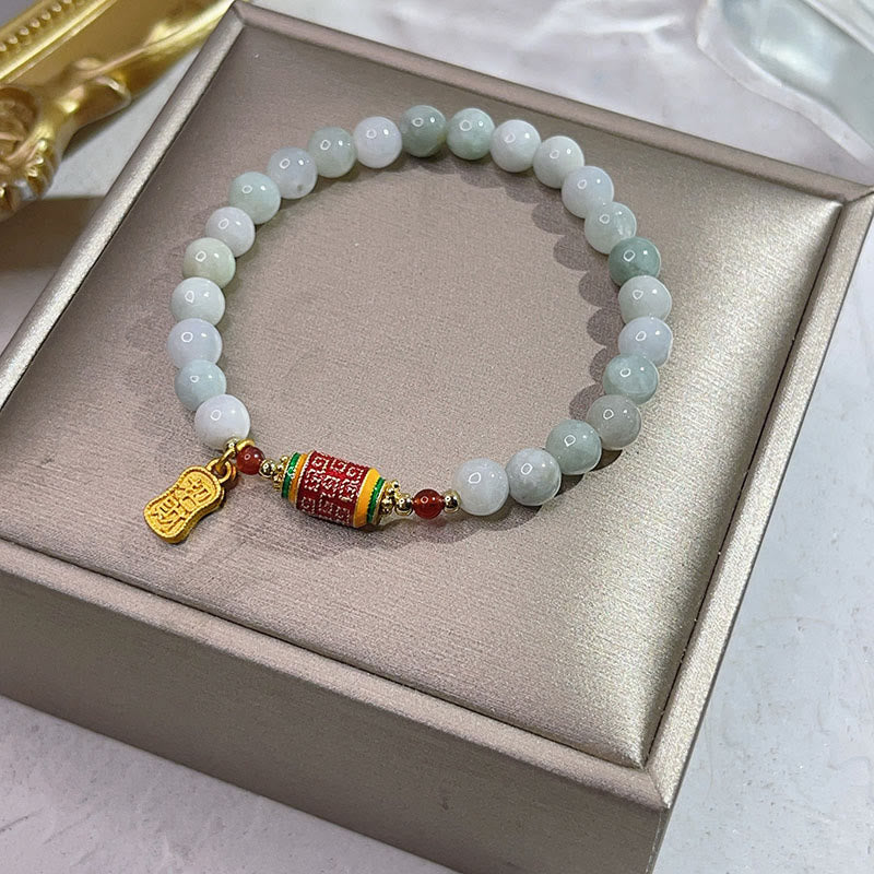 Pulsera de prosperidad y abundancia con rueda de oración de jade tibetano natural y carácter Fu de Buda