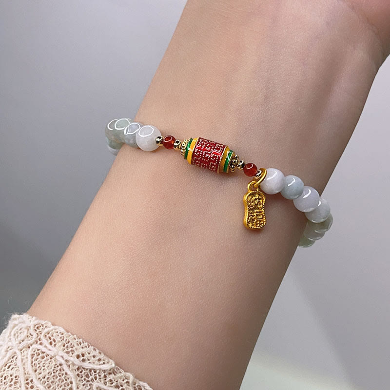 Pulsera de prosperidad y abundancia con rueda de oración de jade tibetano natural y carácter Fu de Buda