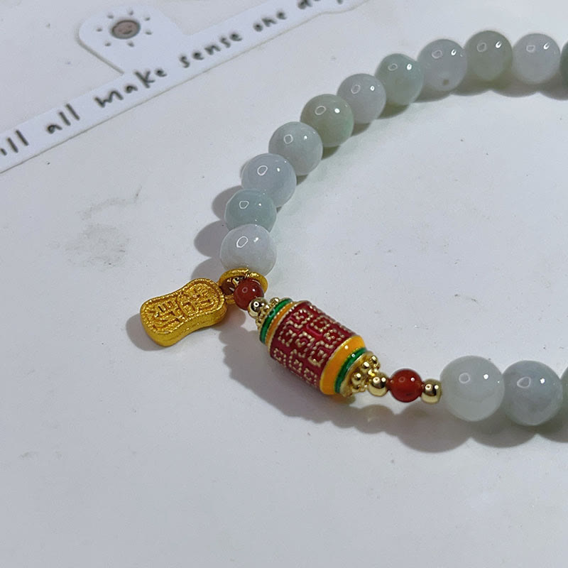 Pulsera de prosperidad y abundancia con rueda de oración de jade tibetano natural y carácter Fu de Buda