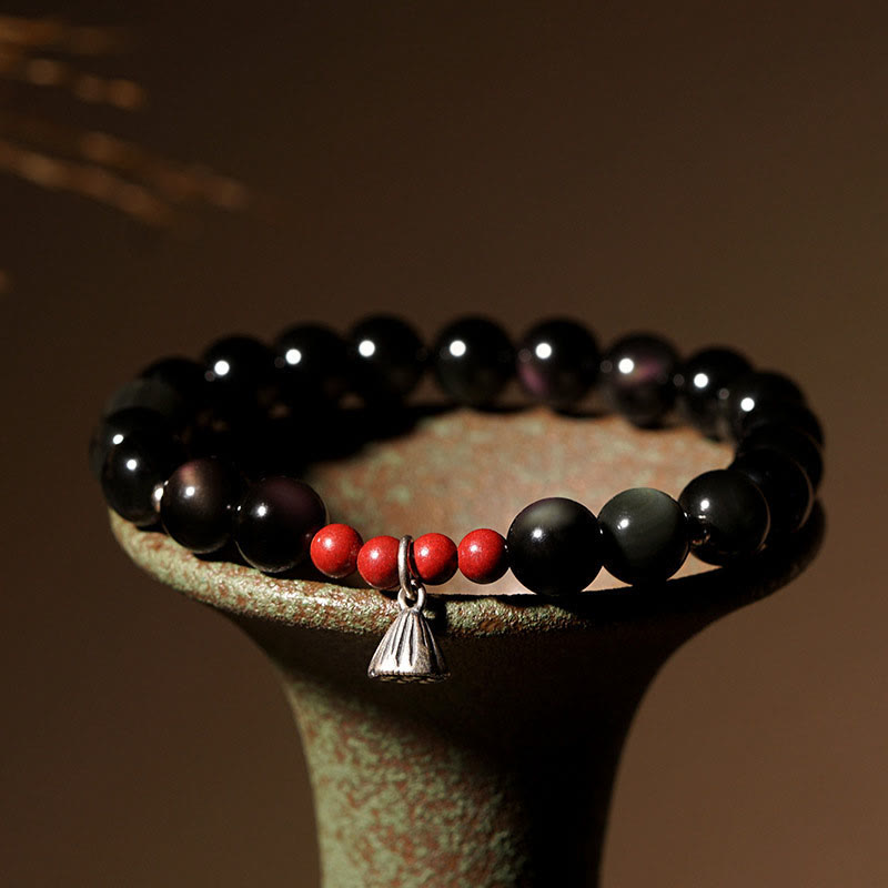 Pulsera de piedra de Buda con obsidiana negra natural, cinabrio y loto, con amuleto de fuerza y cumplimiento.