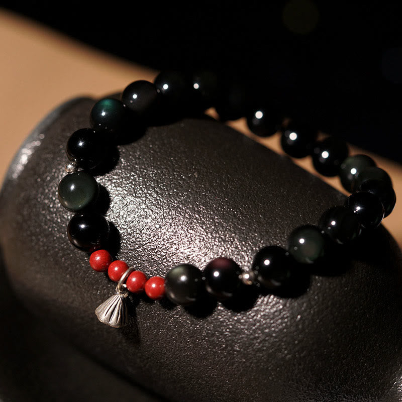 Pulsera de piedra de Buda con obsidiana negra natural, cinabrio y loto, con amuleto de fuerza y cumplimiento.