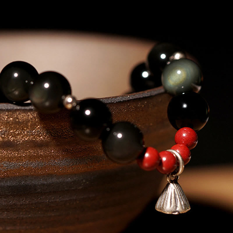 Pulsera de piedra de Buda con obsidiana negra natural, cinabrio y loto, con amuleto de fuerza y cumplimiento.