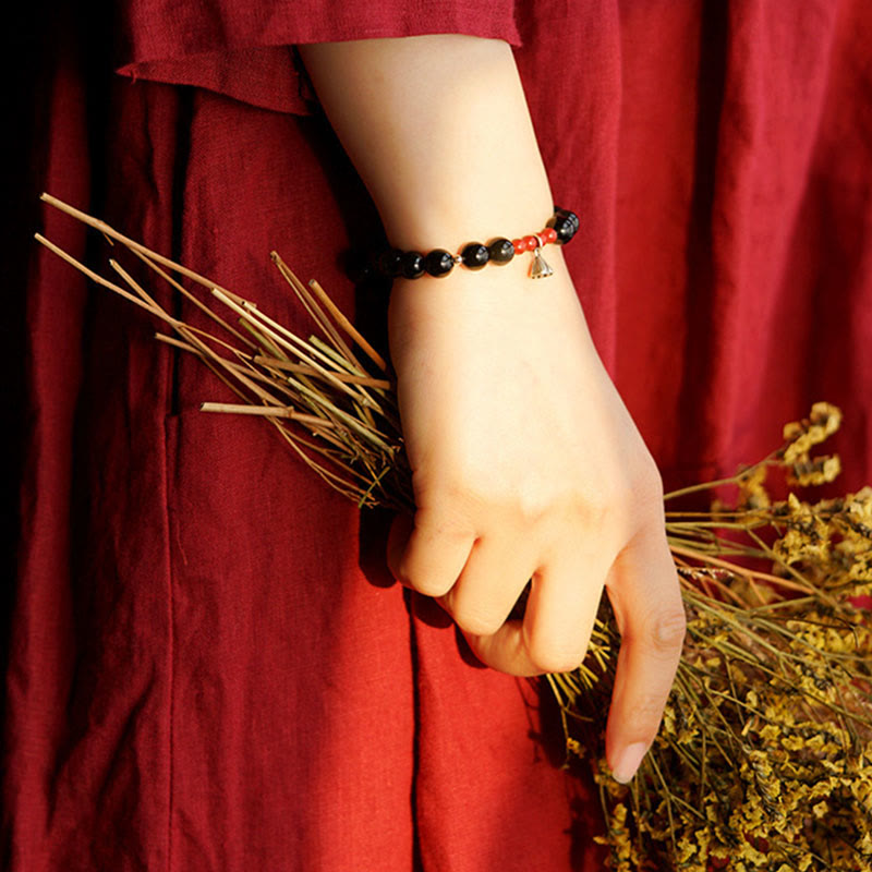 Pulsera de piedra de Buda con obsidiana negra natural, cinabrio y loto, con amuleto de fuerza y cumplimiento.