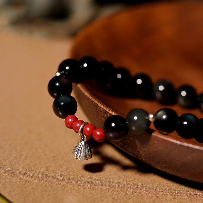 Pulsera de piedra de Buda con obsidiana negra natural, cinabrio y loto, con amuleto de fuerza y cumplimiento.