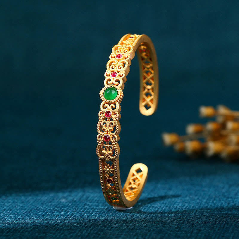 Brazalete de cobre con piedras de Buda, calcedonia verde, chapado en oro de 24 quilates, resistente