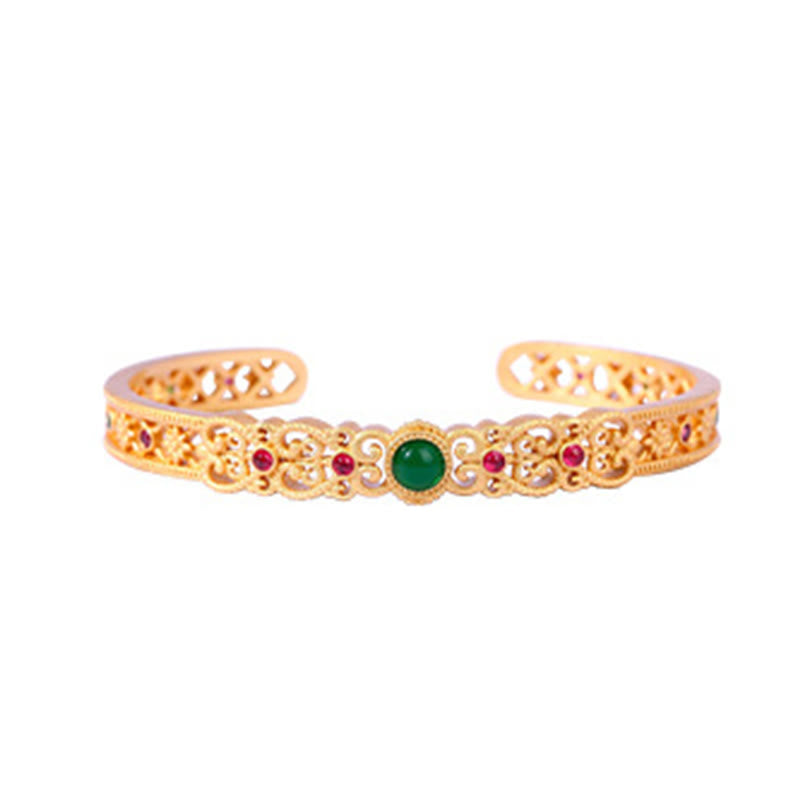 Brazalete de cobre con piedras de Buda, calcedonia verde, chapado en oro de 24 quilates, resistente