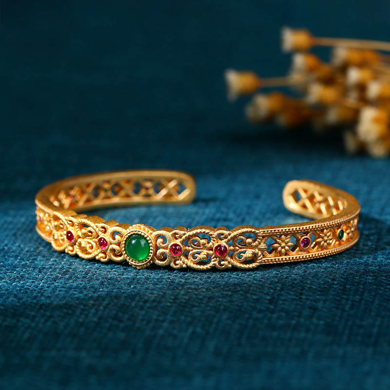 Brazalete de cobre con piedras de Buda, calcedonia verde, chapado en oro de 24 quilates, resistente
