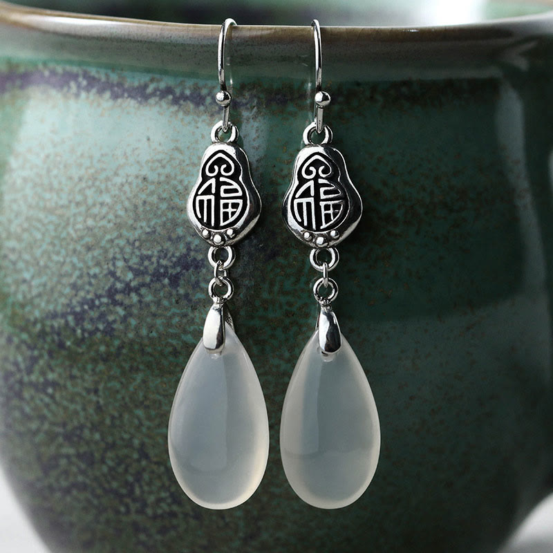 Buddha Stones Ohrringe aus 925er Sterlingsilber mit natürlichem Chalcedon, Fu-Charakter, positive Harmonie