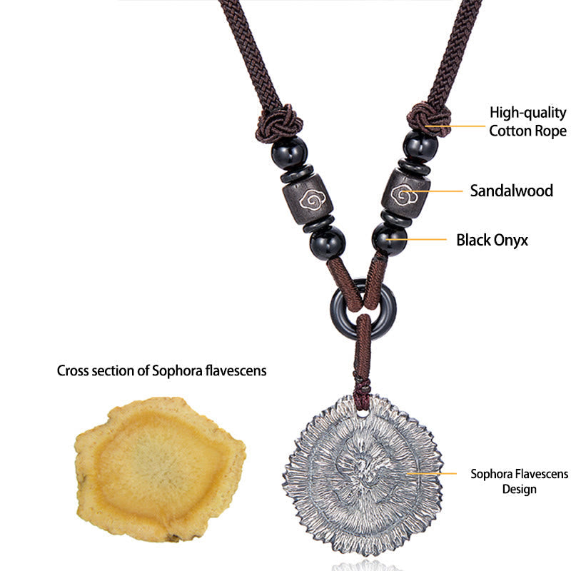 Collar con colgante de cuerda de algodón de Sophora Flavescens de plata de ley 999 con piedras de Buda